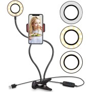 Selfie Ring Light med LED lys, lysstyrkeregulering + fleksible arme 