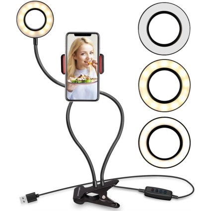 Selfie Ring Light med LED lys, lysstyrkeregulering + fleksible arme