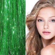 Bling Silver glitter hair Extensions 100 stk glitter hårstrå 80 cm - Grøn